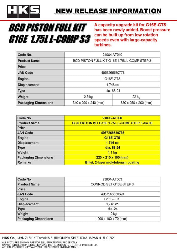 HKS BCD Piston Kit G16E 1.75L L-Comp S3 D88 21003-AT008