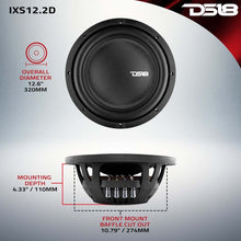 Load image into Gallery viewer, DS18 12in 800 Watts RMS 2 ohm DVC Shallow Mount Fiber Glass Subwoofer IXS Series