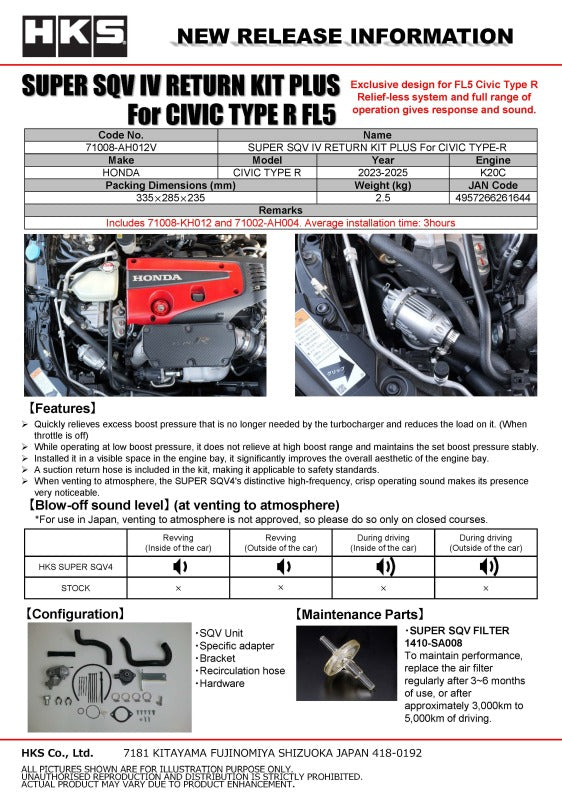 HKS SUPER SQV4 RETURN KIT PLUS FL5 71008-AH012V