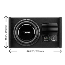 Load image into Gallery viewer, DS18 Single 10in Shallow Subwoofer &amp; Enclosure 300 Watt RMS Downfiring Sealed Black Carpet Amplified