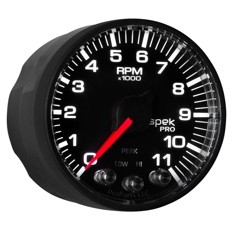 Autometer Spek-Pro Gauge Tach 2 1/16in 11K Rpm W/ Shift Light & Peak Mem - Blk/Blk P336328