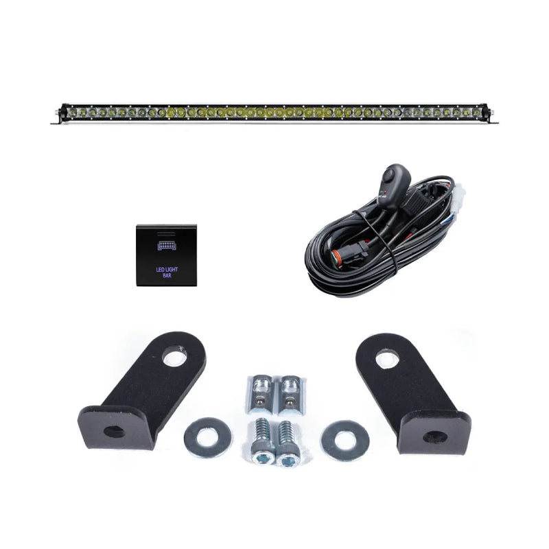 Cali Raised 40in Cutout Prinsu Roof Rack 42in Amber Led Light & Brckt Kit w/ Sq. Blue Backlit Swtch CR4263
