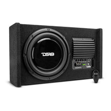 Load image into Gallery viewer, DS18 Single 10in Shallow Subwoofer &amp; Enclosure 300 Watt RMS Downfiring Sealed Black Carpet Amplified