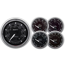 Load image into Gallery viewer, AutoMeter Chrono 3-3/8in &amp; 2-1/16in Gauge Kit (5pc) w/Electric Speedometer - Chrome 9708
