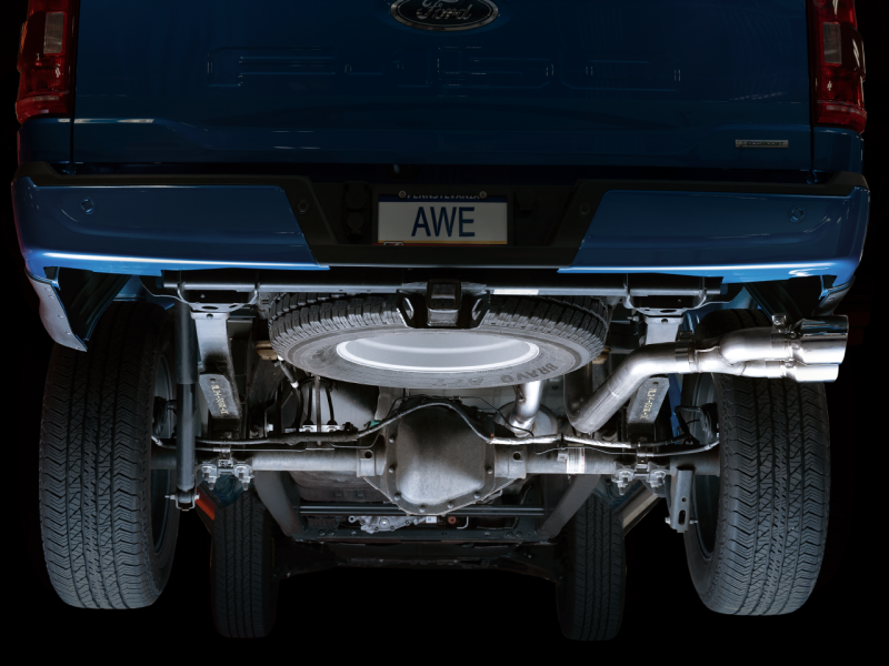 AWE 0FG 21+ Ford F150 Dual Side Exit Cat-Back Exhaust- 4.5in Chrome Silver Tips - GTR Auto