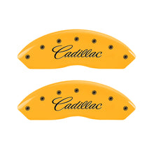 Load image into Gallery viewer, MGP 4 Caliper Covers Engraved F &amp; R Cursive/Cadillac Yellow Finish Black Char 2004 Cadillac CTS 35010SCADYL