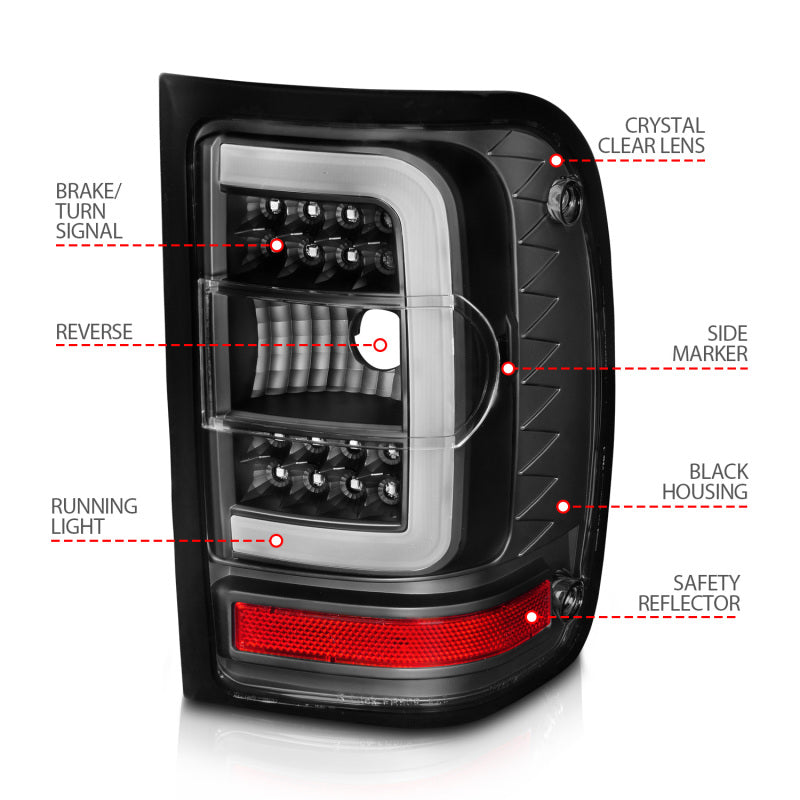 ANZO 2001-2011 Ford  Ranger LED Tail Lights w/ Light Bar Black Housing Clear Lens - GTR Auto