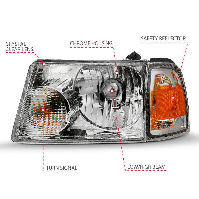 ANZO 2001-2011 Ford Ranger Crystal Headlight Chrome w/Corner Lights (OE Replacement) - GTR Auto