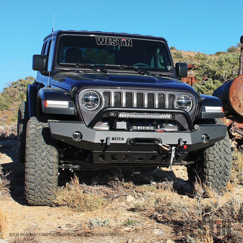 Westin 18-19 Jeep Wrangler JL WJ2 Full Width Front Bumper w/Bull Bar Textured Black - GTR Auto