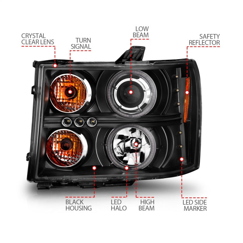 ANZO 2007-2013 GMC Sierra 1500 Projector Headlights w/ Halo Black