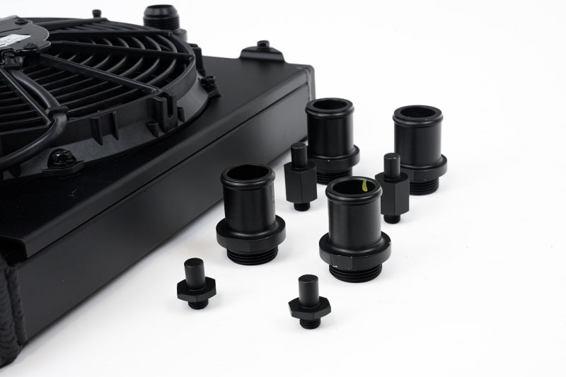 CSF Universal Half Radiator w/-16AN & Slip-On Fittings/12in SPAL Fan & Shroud - Black Finish - GTR Auto