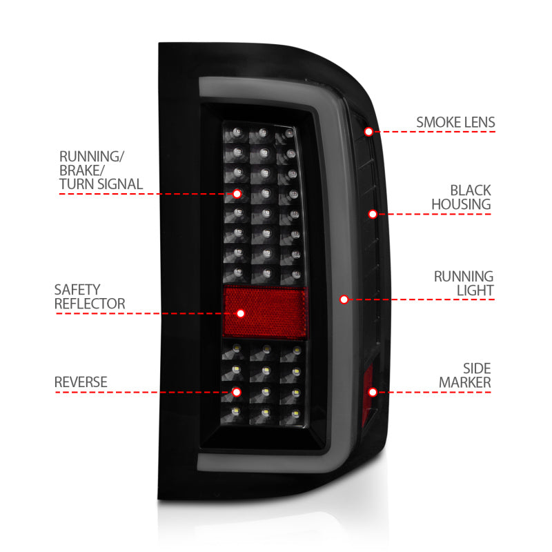 ANZO 2007-2013 Chevrolet Silverado1500/ 2500/ 3500 LED Tail Lights w/ Light Bar Black Housing Smoke - GTR Auto