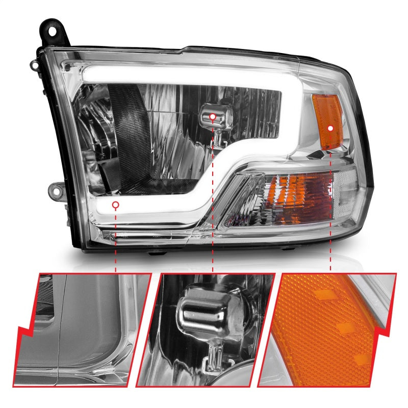 ANZO 2009-2018 Dodge Ram 1500/ 2500/ 3500 Crystal Headlights w/ Light Bar Chrome Housing - GTR Auto