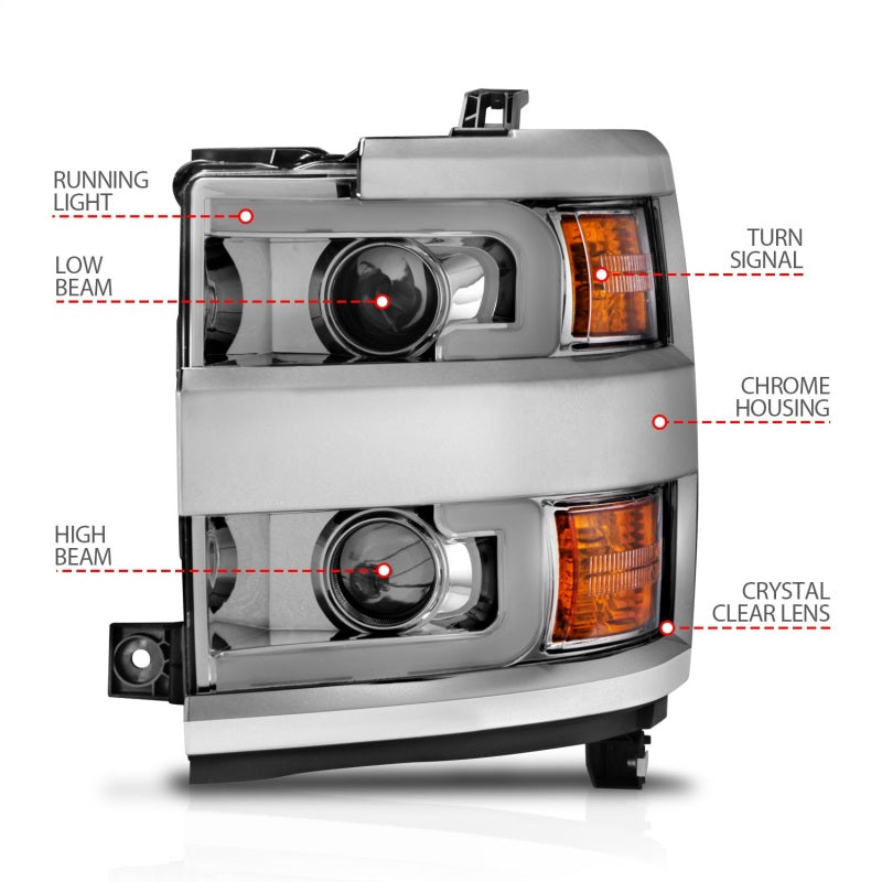 ANZO Projector Headlights 15-17 Chevrolet Silverado 2500HD / 3500HD Chrome w/ Chrome Rim - GTR Auto