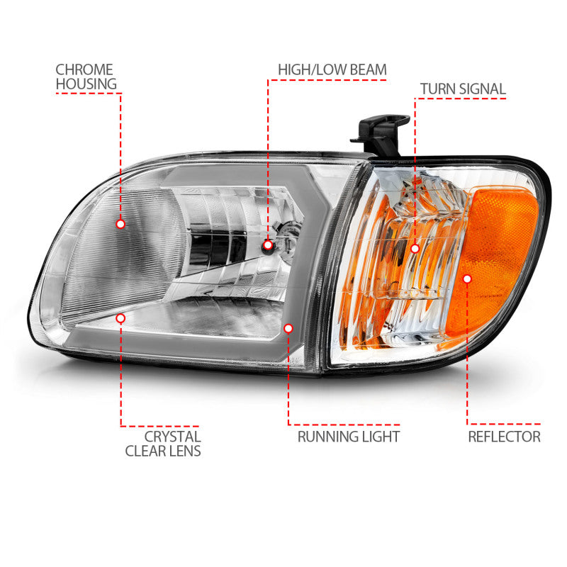 ANZO 00-04 Toyota Tundra (Reg/Acc Cab Only) Crystal Headlights w/Lgt Bar Chrome w/Corner Lights 2pc - GTR Auto
