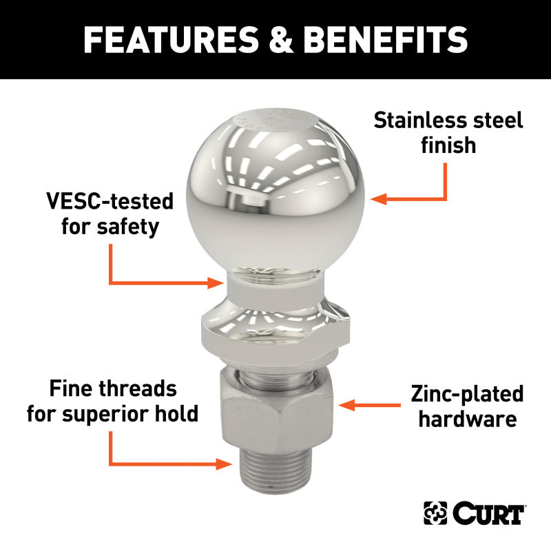 Curt 2in Trailer Ball (3/4in x 2-1/8in Shank 3500lbs Stainless Packaged)