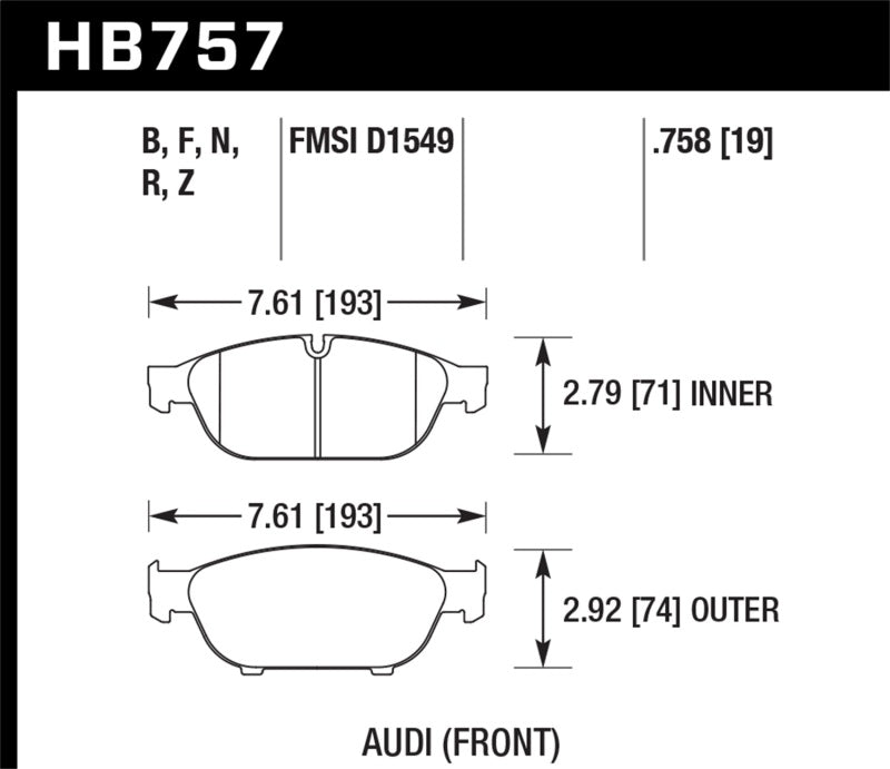 Hawk Audi 2013 A5 Quattro / 12-16 A6 Quattro/A7 Quattro/A8 Quattro HP Plus Front Brake Pads KHB757N.758
