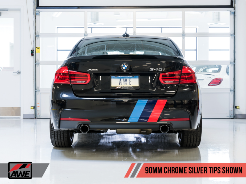 AWE Tuning BMW F3X 340i Touring Edition Axle-Back Exhaust - Chrome Silver Tips (90mm) - GTR Auto