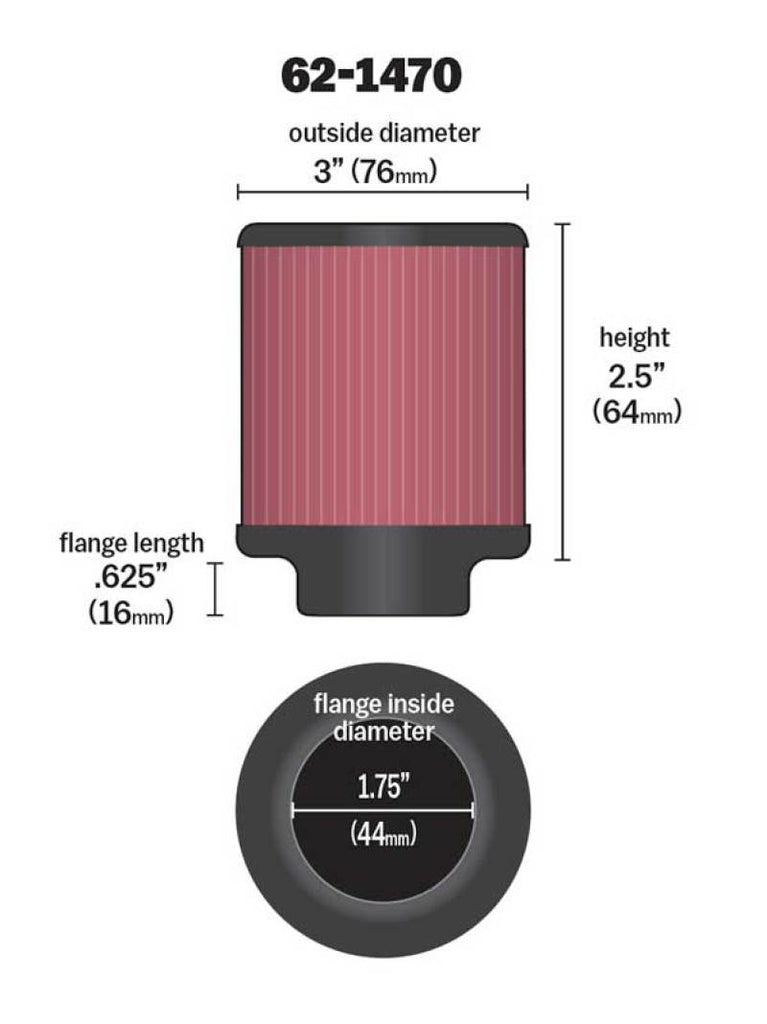 K&N 1.75 inch Vent 3 inch D 2.5 inch H Air Filter - Rubber Top 62-1470