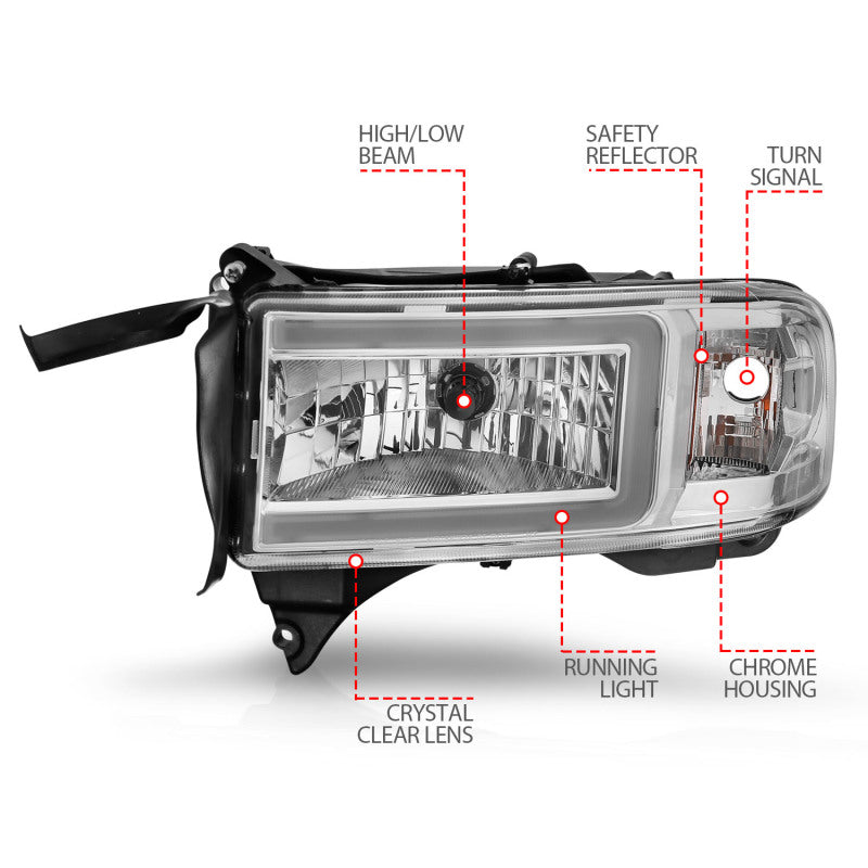 ANZO 94-02 Dodge RAM Crystal Headlight - w/ Light Bar Chrome Housing - GTR Auto
