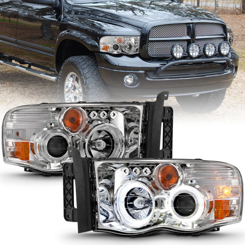 ANZO 2002-2005 Dodge Ram 1500 Projector Headlights w/ Halo Chrome Clear Amber - GTR Auto