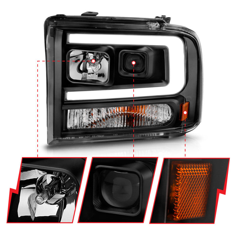 ANZO 99-04 Ford F250/F350/F450/Excursion (excl 99) Projector Headlights - w/ Light Bar Black Housing - GTR Auto