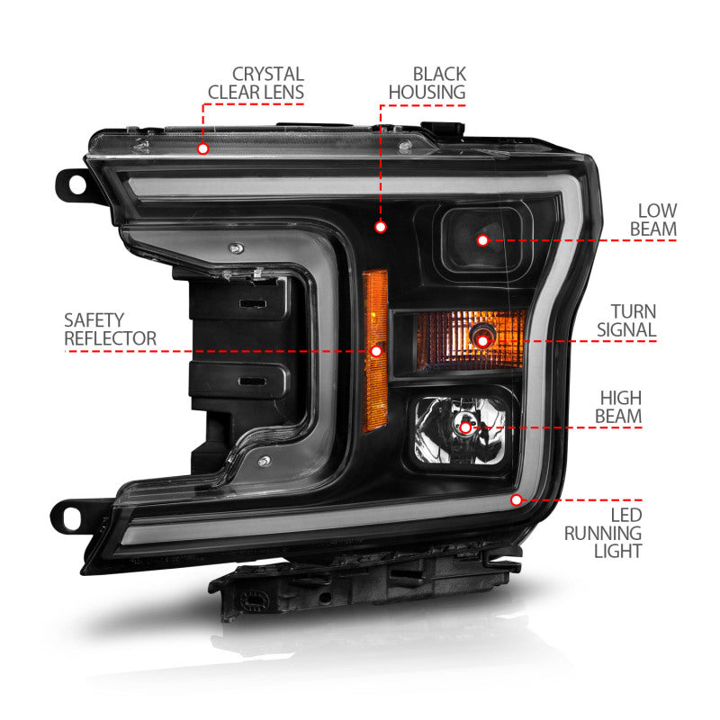 ANZO 2018-2020 Ford F-150 Projector Headlight w/ Plank Style Switchback Black Housing - GTR Auto