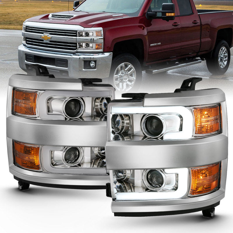 ANZO 2015-2016 Chevrolet Silverado Projector Headlights w/ Plank Style Design Chrome w/ Amber - GTR Auto