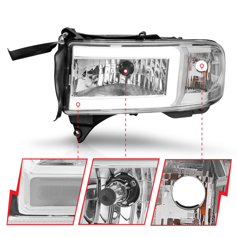 ANZO 94-02 Dodge RAM Crystal Headlight - w/ Light Bar Chrome Housing - GTR Auto