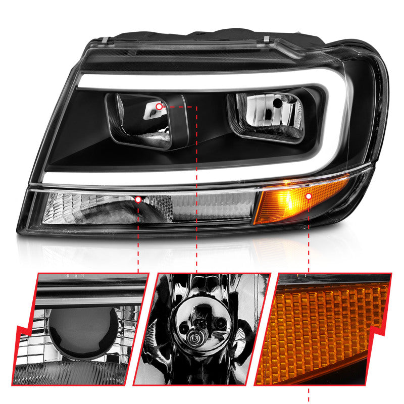 ANZO 99-04 Jeep Grand Cherokee Crystal Headlights - w/ Light Bar Black Housing - GTR Auto