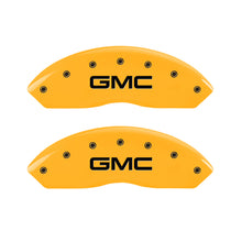 Load image into Gallery viewer, MGP 4 Caliper Covers Engraved Front &amp; Rear GMC Yellow Finish Black Char 2016 GMC Savana 3500