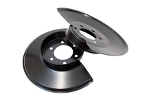 Load image into Gallery viewer, Kentrol 76-78 Jeep CJ Disc Brake Dust Cover Jeep Black Powdercoat Stainless