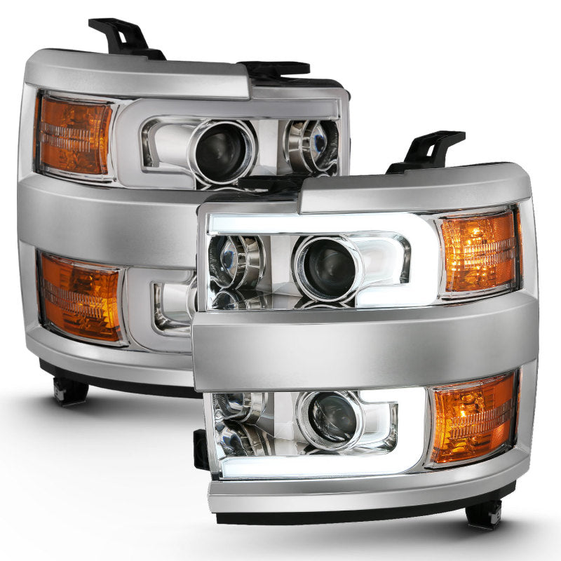ANZO 2015-2016 Chevrolet Silverado Projector Headlights w/ Plank Style Design Chrome w/ Amber - GTR Auto