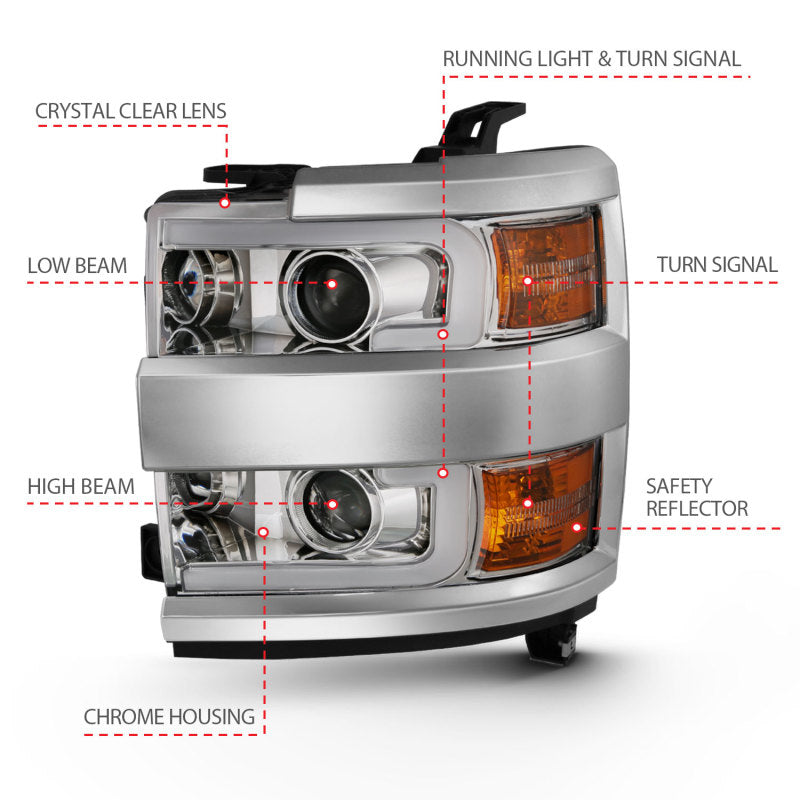 ANZO 2015-2016 Chevrolet Silverado Projector Headlights w/ Plank Style Design Chrome w/ Amber - GTR Auto