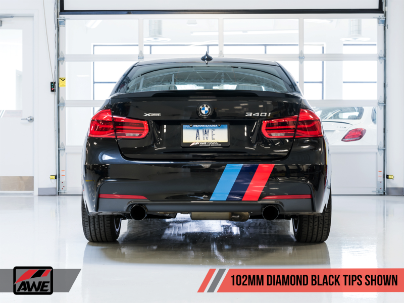AWE Tuning BMW F3X 340i Touring Edition Axle-Back Exhaust - Diamond Black Tips (102mm) - GTR Auto