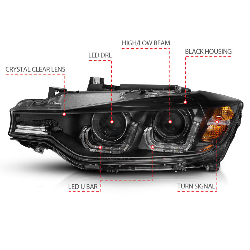 ANZO 2012-2015 BMW 3 Series Projector Headlights w/ U-Bar Black - GTR Auto