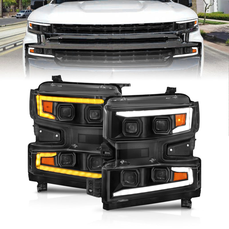 ANZO 19-22 Chevrolet Silverado 1500 LED Proj HL w/Lgt Bar SwBk Seq. Blk w/In. Light - Driver Side ON - GTR Auto