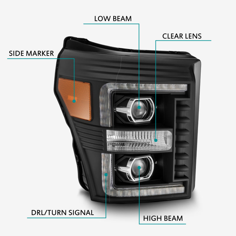 AlphaRex 11-16 Ford F-350 SD LUXX LED Proj Headlights Plank Style Black w/Activ Light/Seq Signal - GTR Auto
