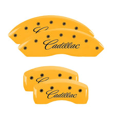 Load image into Gallery viewer, MGP 4 Caliper Covers Engraved F &amp; R Cursive/Cadillac Yellow Finish Black Char 2004 Cadillac CTS 35010SCADYL