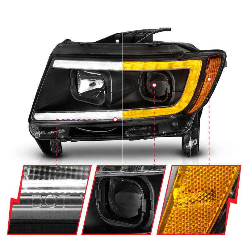 ANZO 11-13 Jeep Grand Cherokee (Factory Halogen Only) Projector Headlights w/Light Bar Swtchbk Black - GTR Auto