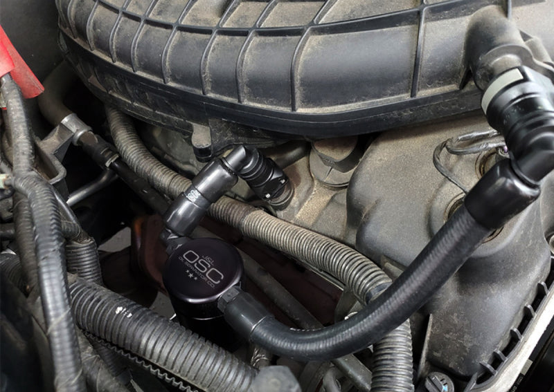 J&L 11-17 Ford Mustang V6 Passenger Side Oil Separator 3.0 V2 - Black Anodized - GTR Auto
