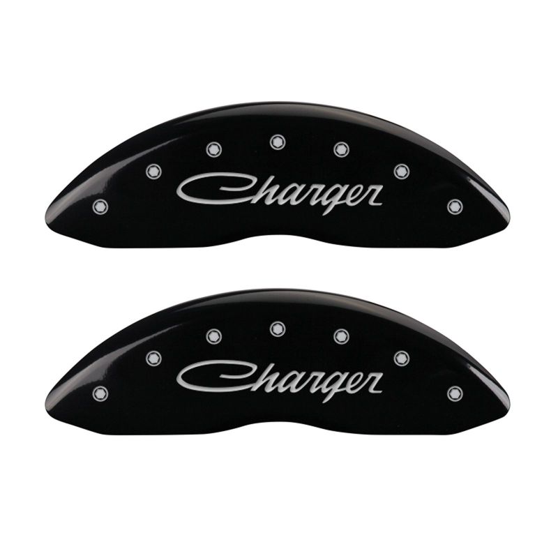 MGP 4 Caliper Covers Engraved Front & Rear Cursive/Charger Black finish silver ch - GTR Auto