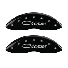 Load image into Gallery viewer, MGP 4 Caliper Covers Engraved Front &amp; Rear Cursive/Charger Black finish silver ch - GTR Auto