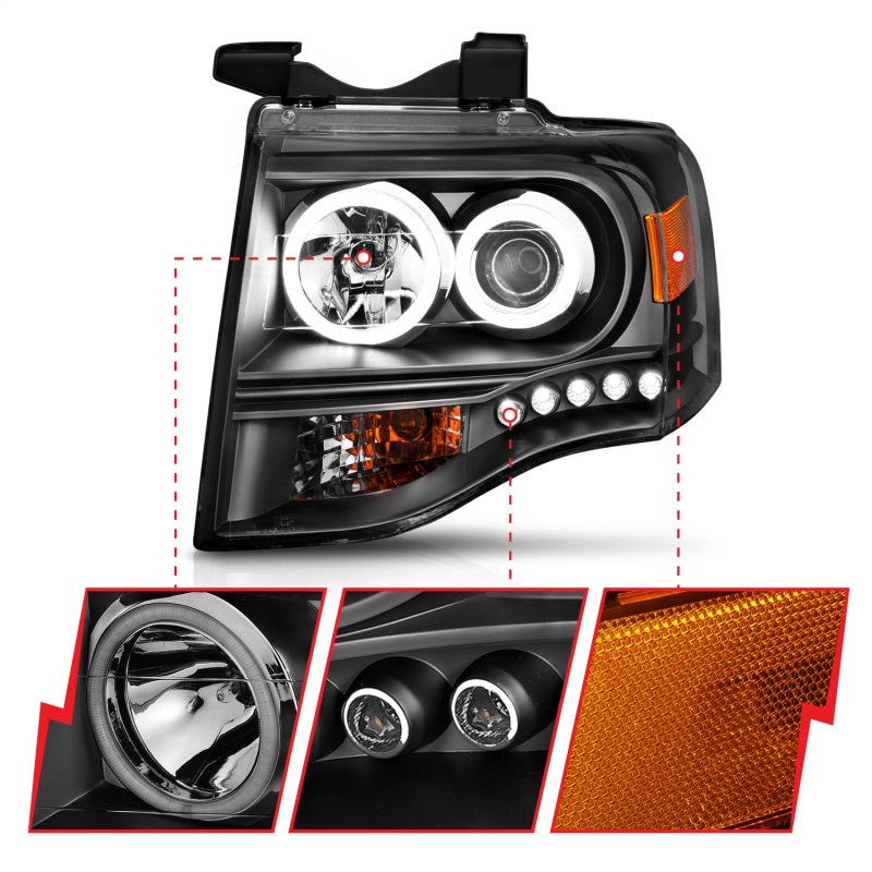 ANZO 2007-2014 Ford Expedition Projector Headlights w/ Halo Black - GTR Auto