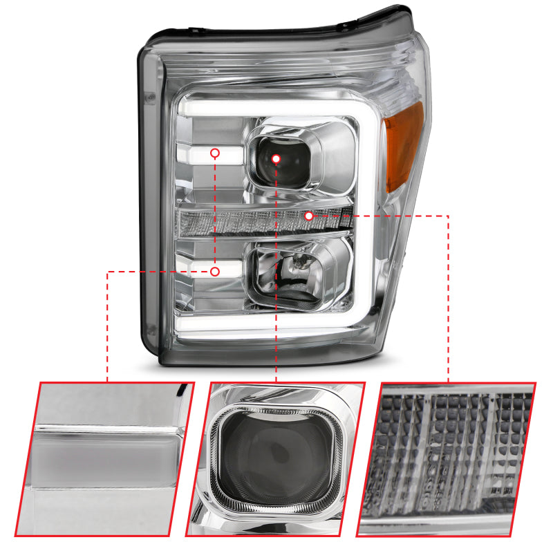 ANZO 11-16 Ford F-250/F-350/F-450 Projector Headlights w/ Plank Style Switchback Chrome w/Amber - GTR Auto