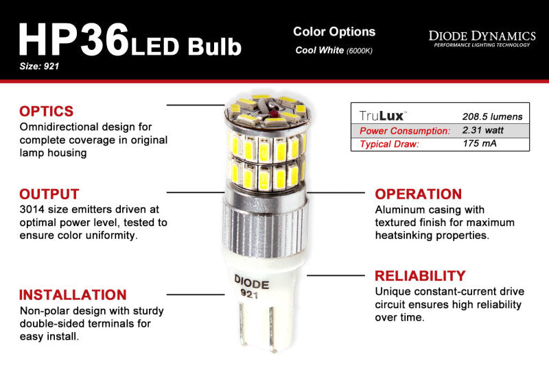 Diode Dynamics 921 LED Bulb HP36 LED - Cool - White (Single) - GTR Auto