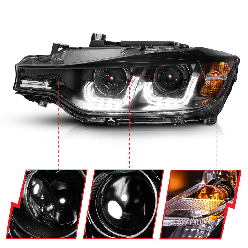 ANZO 2012-2015 BMW 3 Series Projector Headlights w/ U-Bar Black - GTR Auto
