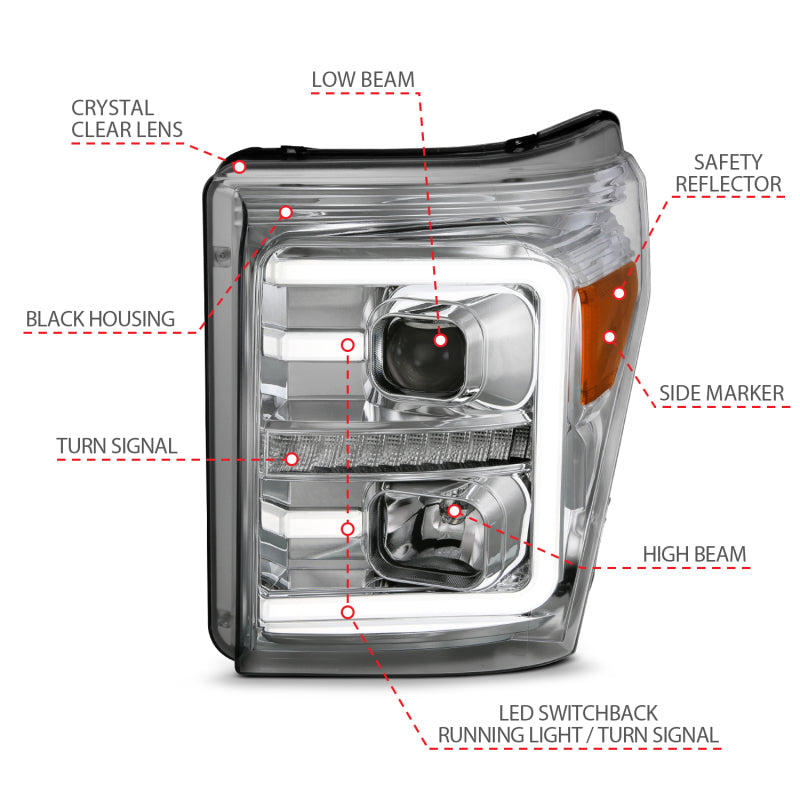 ANZO 11-16 Ford F-250/F-350/F-450 Projector Headlights w/ Plank Style Switchback Chrome w/Amber - GTR Auto