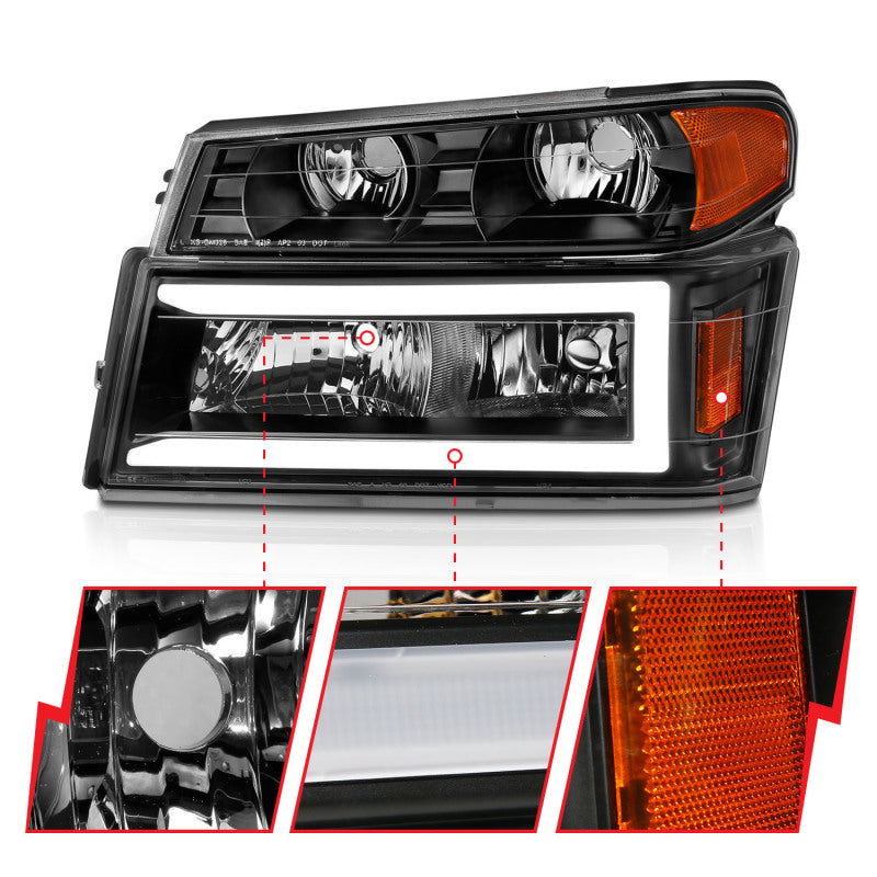 ANZO 04-12 GM Colorado/Canyon/I-Series Crystal Headlights - w/ Light Bar Black Housing 4pcs - GTR Auto