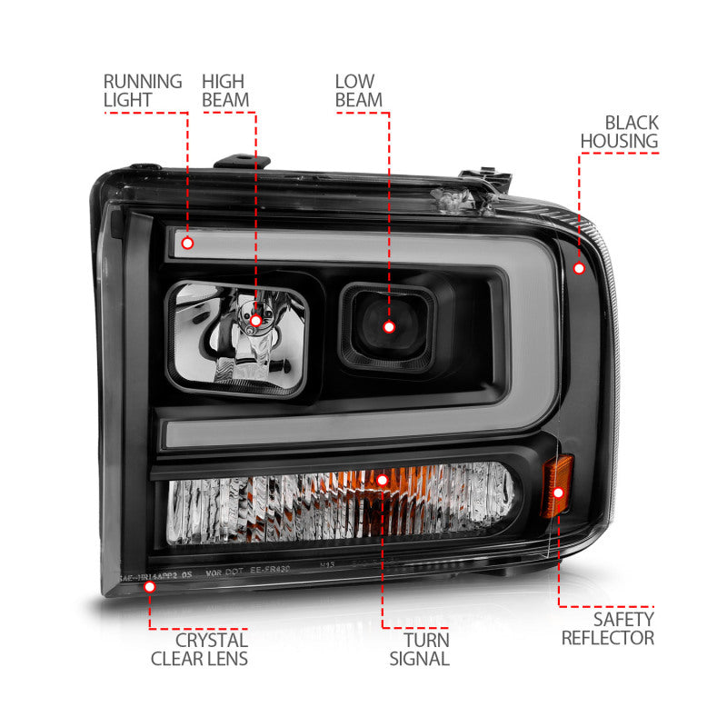 ANZO 99-04 Ford F250/F350/F450/Excursion (excl 99) Projector Headlights - w/ Light Bar Black Housing - GTR Auto